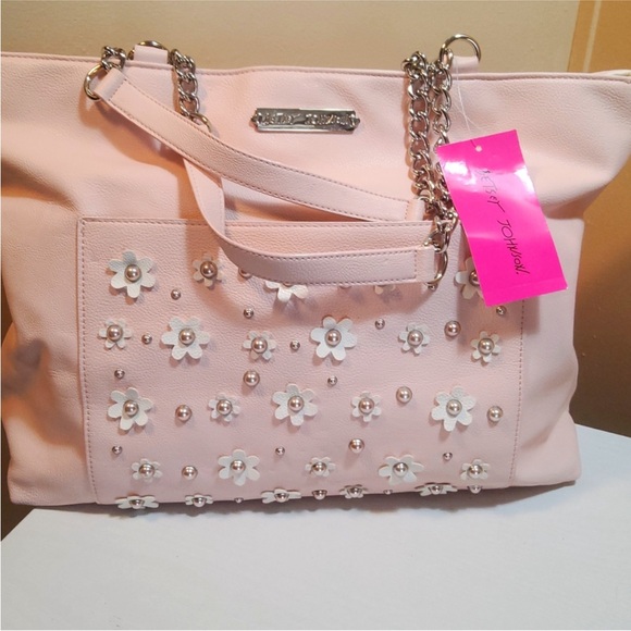 RARE FIND! NEW w/tags! Betsy Johnson Pink with White 3D flowers Tote - Picture 1 of 12